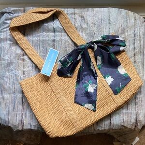 NEW Draper James Straw Tote with Navy Floral Accent